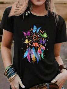 Camiseta de Mujer, Top Casual Simple Estampado, Camiseta de Algodón, Regalo Ideal - Negro - Ver 1