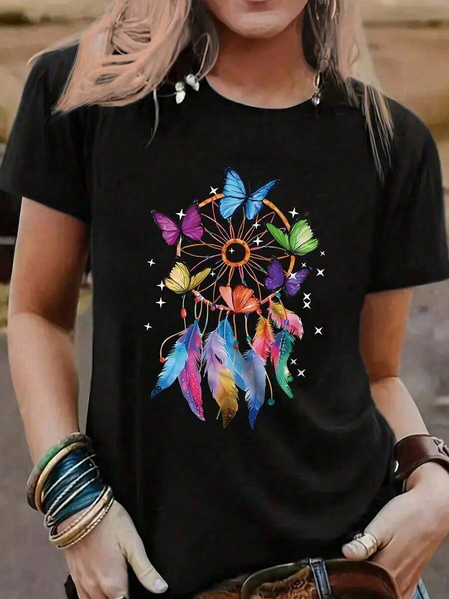 Camiseta de Mujer, Top Casual Simple Estampado, Camiseta de Algodón, Regalo Ideal - Negro - Ver 1