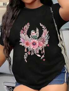 Nueva Camiseta de Moda para Mujer con Cuello Redondo, Estampado Floral, Manga Corta, Material de Algodón, Ropa Casual Básica de Verano, Lavable aáquina, Ropa de Tallas Grandes para Mujer, Diseño Versátil Listo para el Verano. - Negro - Ver 6