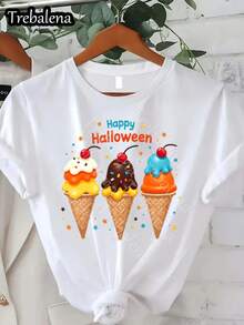 Camiseta Trebalena 100% Y2K con estampado de helados y dulces - blanca, de manga corta y cuello redondo, estilo casual de verano, con estampados de cerezas, fresas, conos de helado, corazones y globos, adecuada para el Día de la Independencia, Juneteenth y fiestas. - Blanco - Ver 1