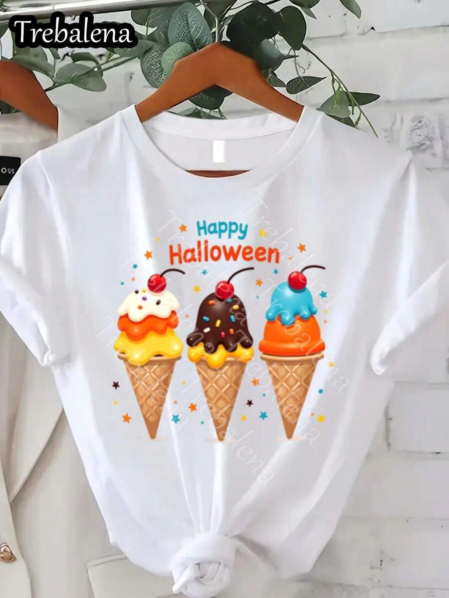 Camiseta Trebalena 100% Y2K con estampado de helados y dulces - blanca, de manga corta y cuello redondo, estilo casual de verano, con estampados de cerezas, fresas, conos de helado, corazones y globos, adecuada para el Día de la Independencia, Juneteenth y fiestas. - Blanco - Ver 1
