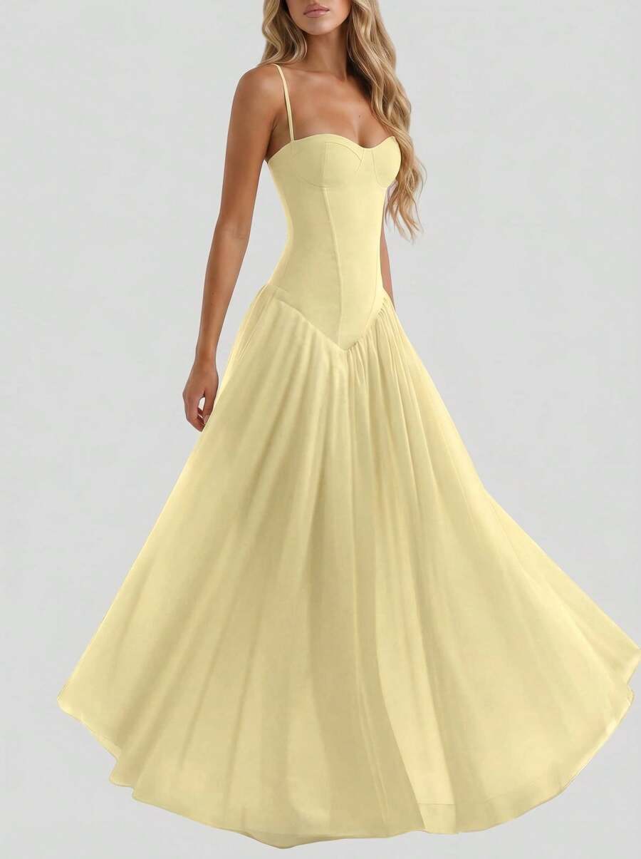 Sedessea Elegant Romantic Pleated Dress, Suitable For Casual, Date, Holiday, Wedding Guest Summer - Yellow - View 1