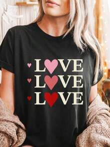 1 Piece Women's Love Print T-Shirt, Valentine's Day Print T-Shirt, Pink Heart T-Shirt, Love T-Shirt For Women, 180g, 100% Cotton - 黑色 16 - 查看 11