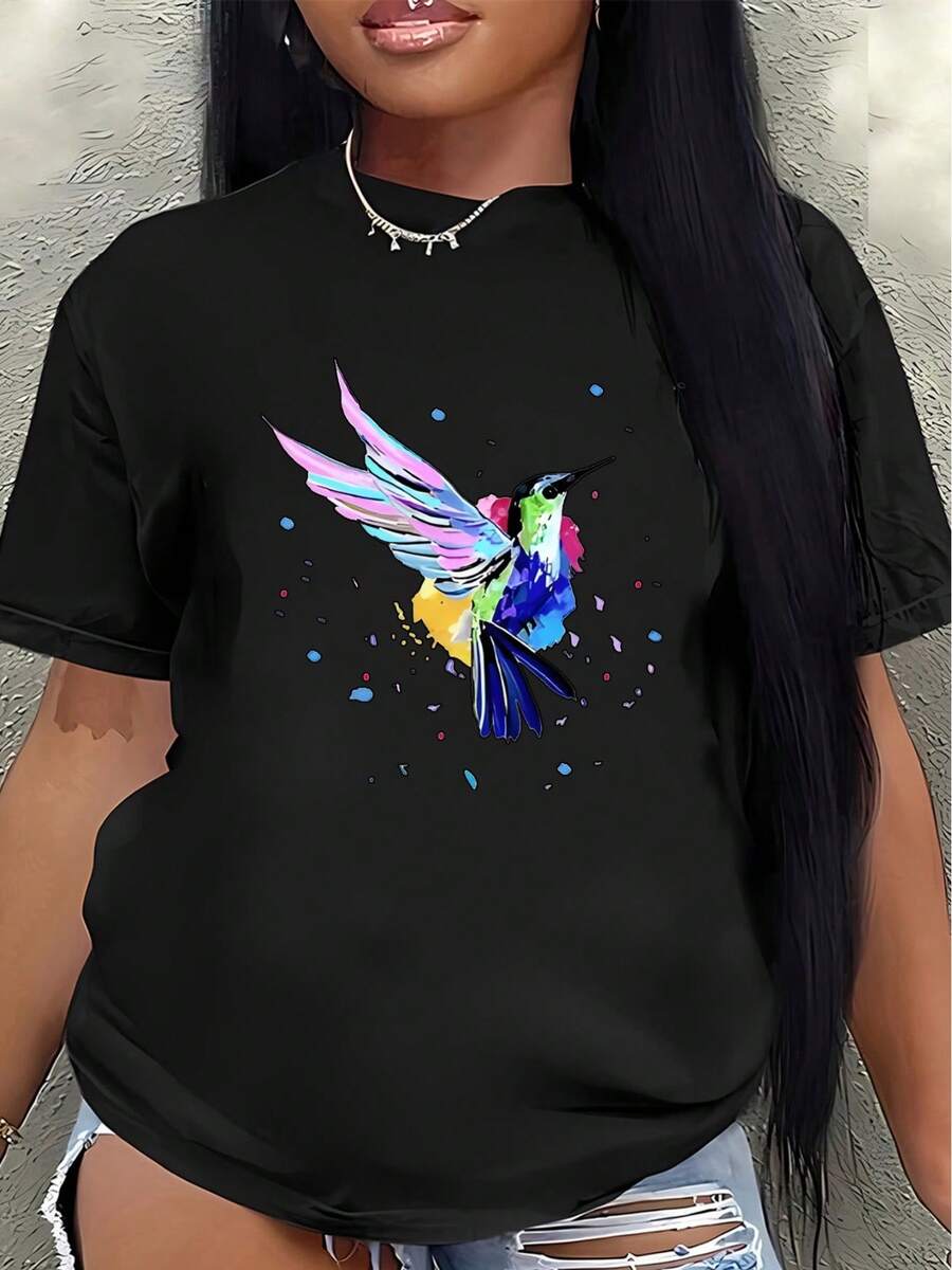 Women's Short-Sleeved Polyester T-Shirt With A Colorful Hummingbird Print. Lightweight And Durable, It's Suitable For Casual Wear At Home Or Outdoors. Comfortable And Fitted For Everyday Wear. - 黑色 - 查看 1