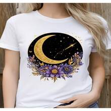 Women's T-Shirt With A Moon And Flower Design, Boho Style, Night Sky Motif, Perfect For Casual Wear And Nature Lovers. Loose-Fitting 2D T-Shirt, Slightly Extended Design, Sizes S-XXXL - 白色 - 查看 1