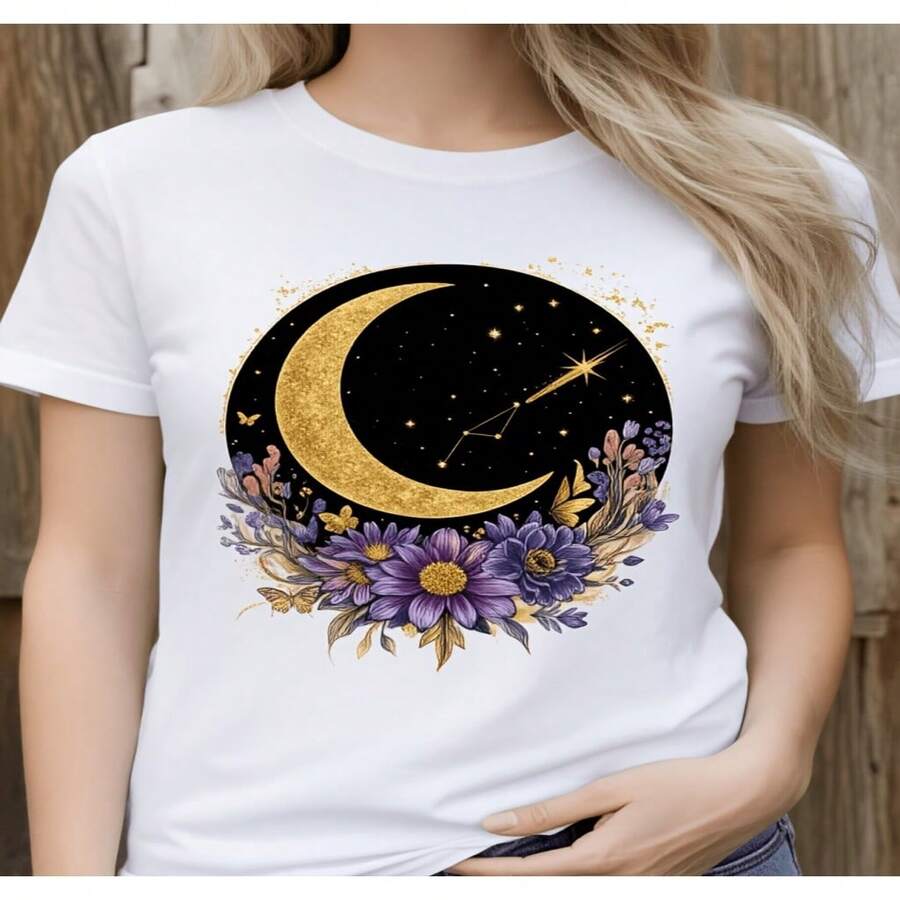 Women's T-Shirt With A Moon And Flower Design, Boho Style, Night Sky Motif, Perfect For Casual Wear And Nature Lovers. Loose-Fitting 2D T-Shirt, Slightly Extended Design, Sizes S-XXXL - 白色 - 查看 1