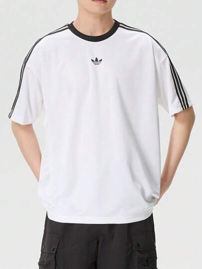  adidas originals 條紋寬鬆圓領舒適套頭短袖T卹 男女同款