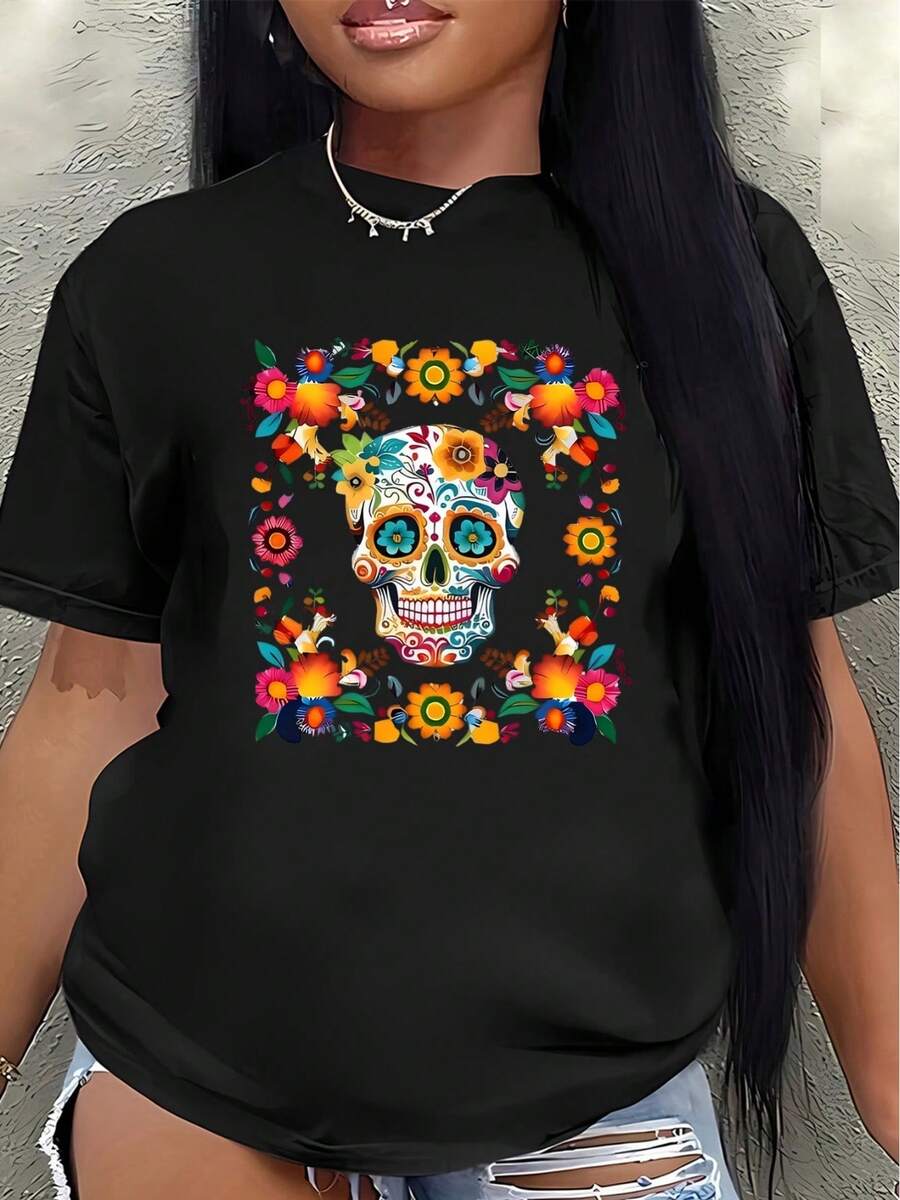 Camiseta de manga corta de poliéster, decorada con coloridos diseños de calaveras de azúcar y motivos florales, ligera y duradera, adecuada para uso casual diario, fiestas, festivales o salidas cotidianas, con un ajuste cómodo para adultos. blusa casual mujer - Negro - Ver 1