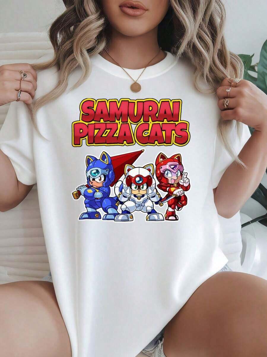Women's Samurai Pizza Cats Print T-Shirt, Black And White Options, Graphic Tee, Casual Everyday Wear T-Shirts, Summer Tops, Graphic Tees, Women's Summer Sets, Women's Crop Tops, Vintage Cotton T-Shirts, Cute Women's Clothing, Loose Fit Women's T-Shirt - trắng - Xem 1