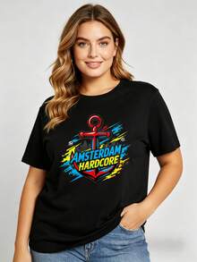 Camiseta de manga corta estampada de estilo casual premium para mujer, con diseño de ancla estilo Amsterdam hardcore. Adecuada para uso familiar y en pareja. Perfecta para primavera y verano. Regalo ideal para el Día de la Madre. Ecológica. - Negro - Ver 8