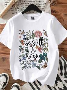 Floral And Butterfly Print T-Shirt With Religious Quote "Be Still And Know Psalm 46:10" For Women, Everyday Casual Wear, Church Wear. Casual Blouse For Women - 白色 - 查看 4