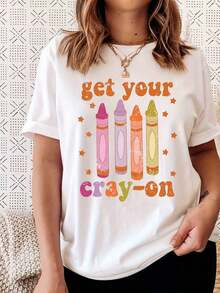 "Get Your Cray-On" Casual T-Shirt, Tea T-Shirt, Cute Tea T-Shirts, Tea T-Shirt, Funny Tea T-Shirt, Tea Fashion For Preschool - 白色 1 - 查看 1