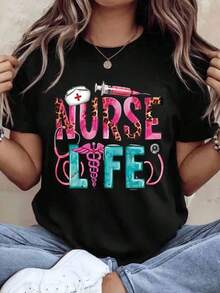 Nurse Life Leopard Print Medical Theme T-Shirt For Nurses Healthcare Workers And Medical Professionals Featuring Caduceus Stethoscope Syringe And Nurse Hat Design Perfect For Nursing School Graduation Or Nurse Appreciation Day,220g-Vintage Street Style Unisex Loose Cotton Short Sleeve Crew Neck T-Shirt100%cotton - Negro - Ver 1