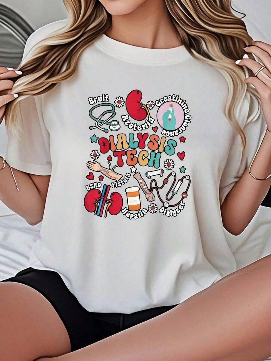 Camiseta de mujer casual con cuello redondo, opciones en negro y blanco, estampado gráfico de corazón y riñón para técnicos de diálisis, camisetas temáticas para uso diario, tops de verano, camisetas gráficas, conjuntos de verano, camisetas cortas para mujer, blusas para mujer, ropa vintage de algodón, ropa linda para mujer. - Blanco - Ver 1