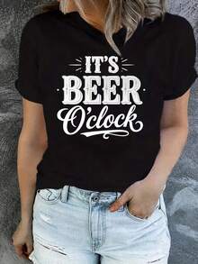 Camiseta Estampada para Mujer - Camiseta Casual Negra de Manga Corta y Cuello Redondo con Diseño de Texto IT'S BEER O'Clock. Con un Corte Relajado para Todas las Estaciones, la Elección Perfecta Tanto para el Uso Diario como para tus Atuendos de Vacaciones (Lavable aáquina). - Negro - Ver 6