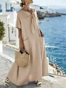 Holidaya Vestido casual y suelto de manga corta y longitud media para mujer, adecuado para ocasiones como vacaciones, playa, picnic, camping, actividades al aire libre y uso diario - Albaricoque - Ver 4