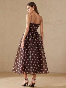Elegante vestido retro francés de lujo para mujer con diseño de corpiño de organza con contraste de lunares, cintura ceñida y falda acampanada - Multicolor - Ver 6