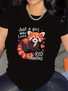 Polyester T-Shirt With Red Panda Print, Suitable For Casual Wear In The Living Room; The Fabric Is Durable And Comfortable, Making It An Ideal Gift For Animal Lovers; Lightweight And Breathable, Suitable For Daily Wear And Outdoor Activities. - Black - View 8