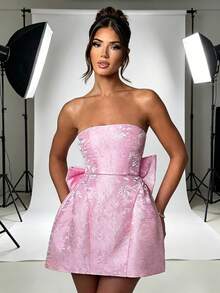 Valentine's Day Jacquard Strapless Tube Top Back Big Bow Ruched Waist Mini Party Dress - 粉色 - 查看 7