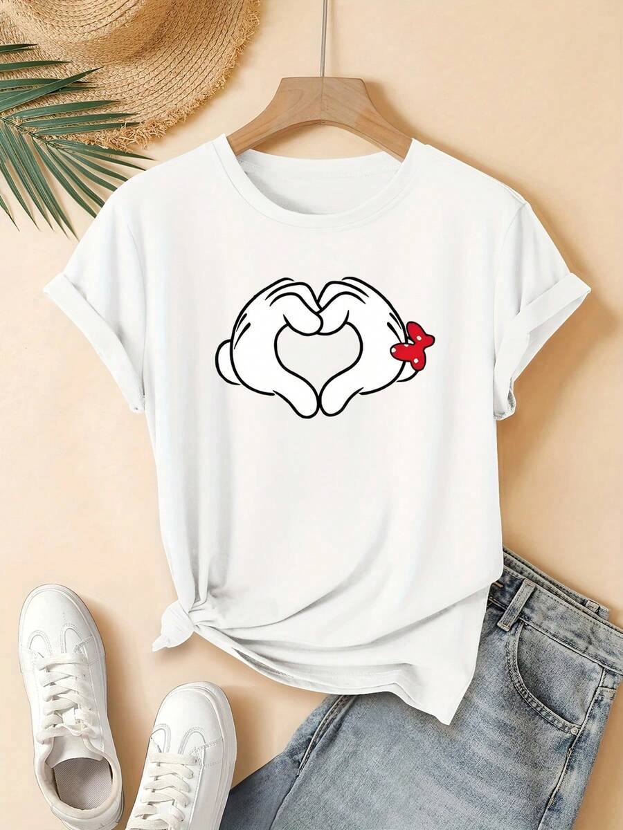 Camiseta de Mujer con Estampado de Manos con Pulgar Arriba y Corazón - Manga Corta, Cuello Redondo, Top de Verano con Gestos de Pulgar Arriba, Blusa Casual Lavable a Máquina para Atuendos Informales, Oficina y Regalos
