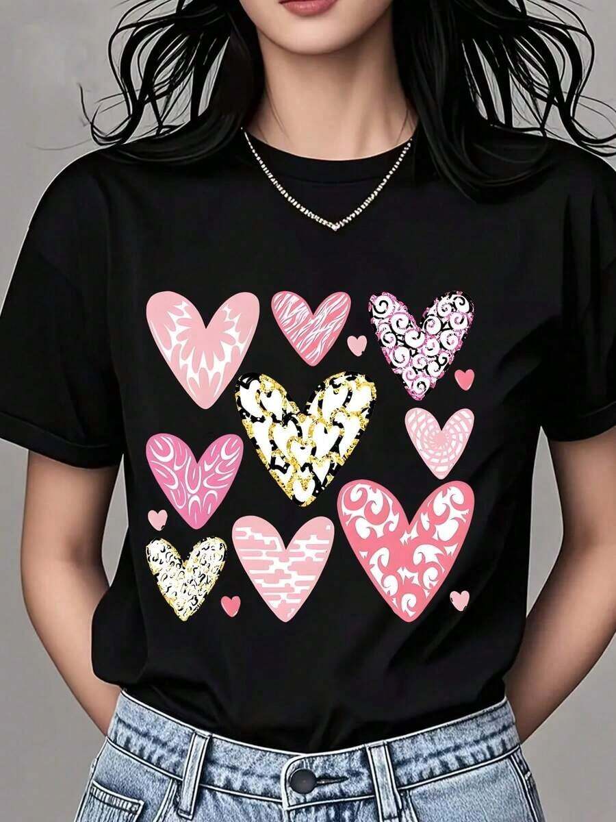 Women's Bohemian Round Neck T-Shirt, Heart Print, Short Sleeve, Casual Daily Wear, Cotton Top - 黑色 - 查看 1