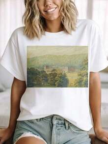 T-Shirt With Artistic Print Of Historic Palace Landscape, Suitable For Casual Sportswear, 220g - Vintage Urban Style, Unisex, Cotton, Short Sleeve, Round Neck, 100% Cotton - 白色 - 查看 3