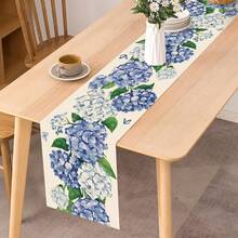 1 pieza Camino de mesa con estampado de hortensias azules acuarela y mariposas, estilo romántico de Cottagecore decorativo para cocina, sala de estar, fiesta y picnic al aire libre, acento primaveral suave para el hogar - Multicolor - Ver 6