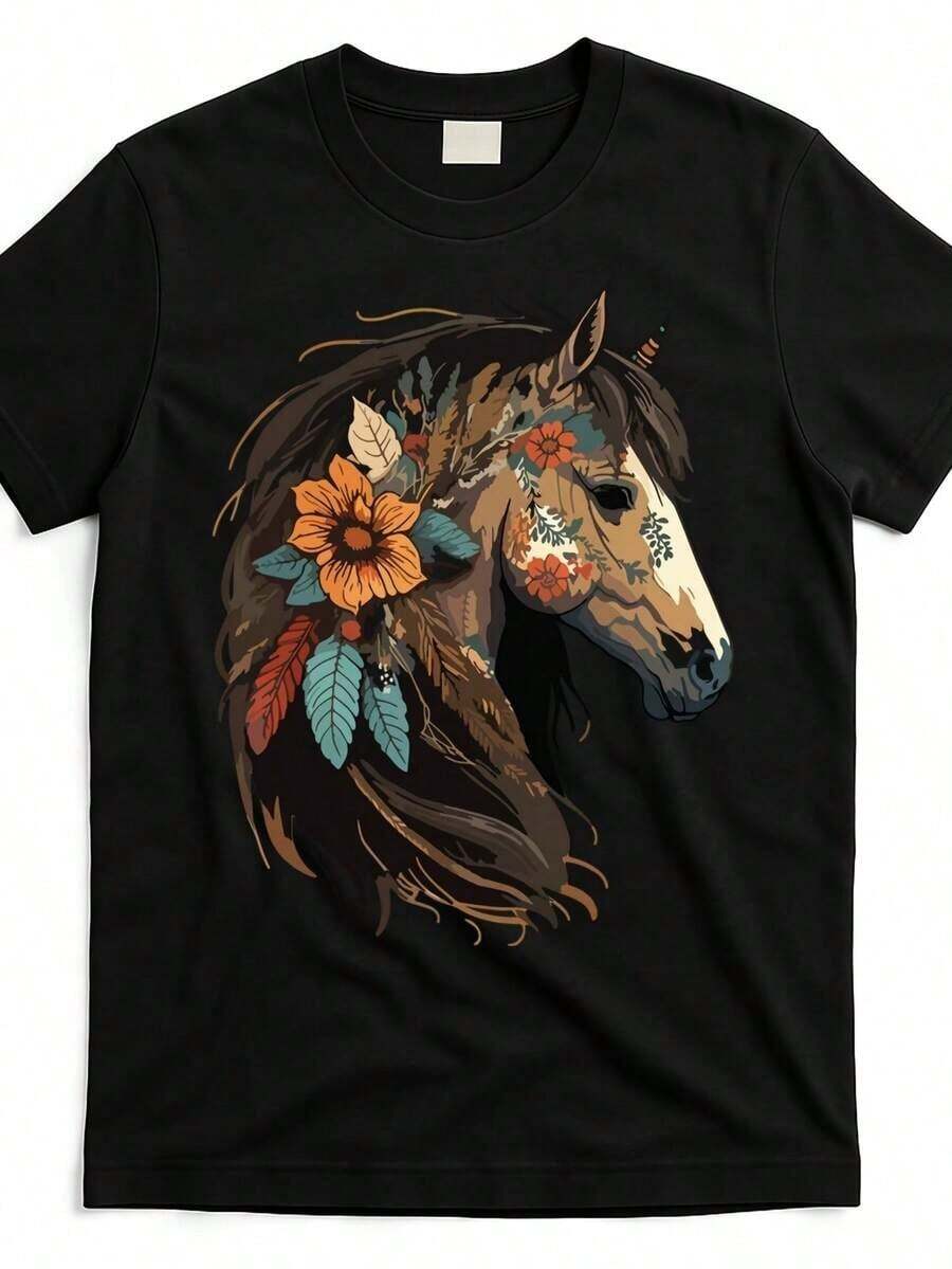 Equestrian Portrait Of A Horse, Western Cowgirl Riding A Horse, T-Shirt_ehp4795876 At_black_product_image - 黑色 - 查看 1