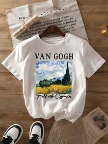 Limited Time Offer, Limited Quantities, Flash ! Women's Casual Shirts, Women's Polyester T-Shirts, Elegant Shirts. Wheat And Cypress Field Print T-Shirt, Casual Short-Sleeved Crew Neck Top, Suitable For Spring And Summer, Women's Clothing - 白色 - 查看 9