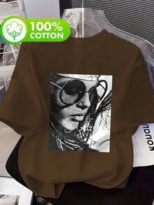 Camiseta de Mujer con Estampado Gráfico de Retrato 100% Artístico, Manga Corta, Cuello Redondo, Estilo Casual, Adecuada para Verano y Primavera, Camisetas para Salir de Mujer - Negro - Ver 9