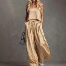Conjunto de Dos Piezas para Mujer, Estilo Europeo y Americano, Verano 2024: Chaleco sin Mangas y Pantalones Anchos Holgados, Atuendo Casual a la Moda - Verde - Ver 4