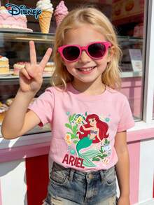 Girls' Disney Ariel Short Sleeve Graphic T-Shirt - Disney Vacation Disney Princess Gift, Disney Girls Trip, Princess Tee, Spring/Summer Pure Cotton T-Shirts Are Suitable For Teenage Girls' Clothing, Birthday Gifts, Summer Children's Girls' Clothing, Casual Daily Teenage Student Clothing, Suitable For Returning To School, Amusement Park Play, And Daily Wear - Hồng - Xem 2