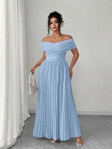 Vestido bandeau con hombros abiertos y cintura fruncida , vestido de graduación elegante y romántico de verano para mujer talla grande, vestido casual de cumpleaños para mujer - Celeste - Ver 6