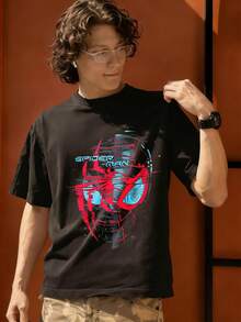 Men's Spider-Man Digital Art Graphic Tee, 100% Cotton Marvel Universe Summer Casual Streetwear Short Sleeve T-Shirt - 黑色 - 查看 3