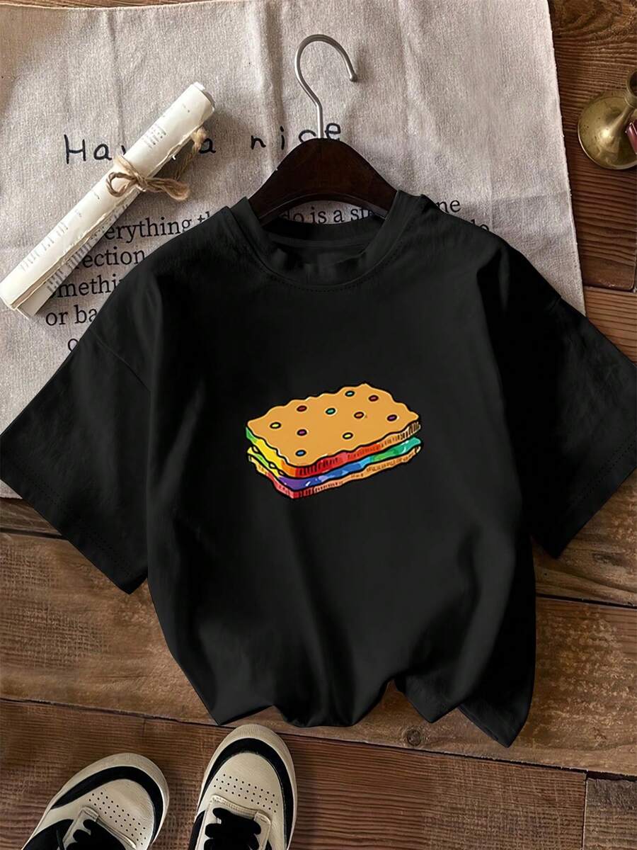 ¡Oferta por tiempo limitado, unidades limitadas, relámpago! Camisas casuales para mujer, camisetas de poliéster para mujer, camisas elegantes.Camiseta de manga corta con cuello redondo y estampado de galletas de dibujos animados de moda - Negro - Ver 1