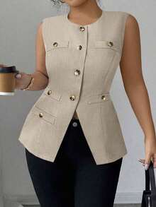 ajustado de estilo francés minimalista, versátil y cómodo con abertura frontal, adelgazante, blazer de verano para mujer de talla grande de tejido tejido elegante y sofisticado - Caqui - Ver 4