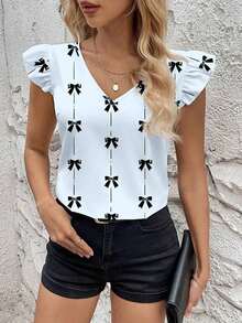 Blusa informal de mujer con cuello en V y decoración de lazo, adecuada para el verano - Azul - Ver 5