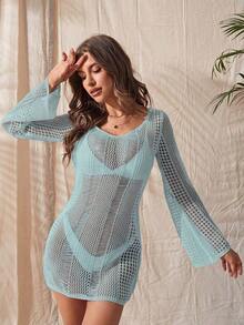 Vestido de playa de verano para mujer con mangas acampanadas de punto calado y espalda descubierta - verde menta - Ver 2