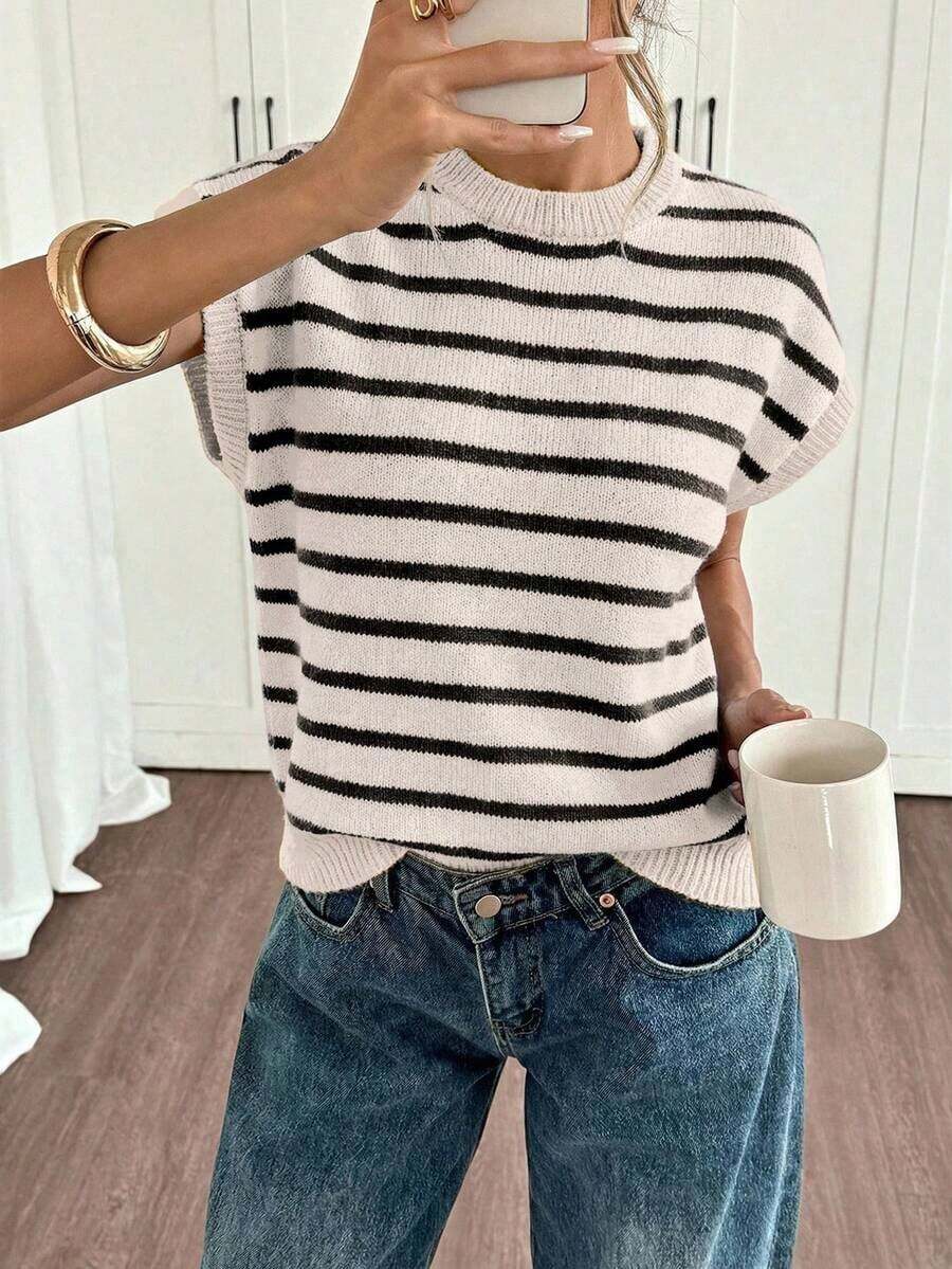 Blusa de punto de manga de murciélago con rayas de color contrastante, casual de verano para mujer - Multicolor 6 - Ver 1