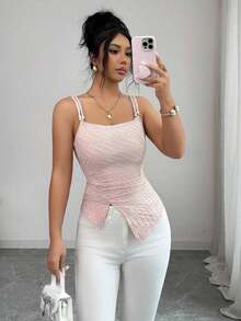 Top de camisola con decoración de cuentas, textura de tela, cintura fruncida y bajo asimétrico, estilo de vacaciones - Rosa - Ver 6