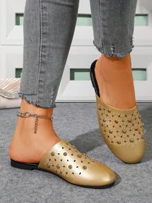 Vintage Rivet Backless Mules Women Shoes, Flat Slip-On Punk Style Comfortable Versatile Outdoor Slippers - Gold - View 3