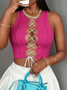Top corto sin mangas con contraste de color acanalado, estilo casual básico, deportivo, sexy y de calle Y2K para mujeres - Rosa Fucsia - Ver 7