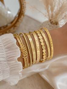 Set de 7 piezas de pulseras de estilo punk multicapa, joyas elegantes de brazalete ajustable con destellos retorcidos, regalo de pareja - Amarillo Oro - Ver 1