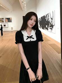夏季新款白色纹理系带短袖女式T恤，甜美少女风修身露脐上衣，优雅休闲性感Y2K街头风针织开衫，适合海滩、派对、音乐节、约会、通勤等场合，黑色 - 黑色 - 查看 3