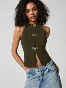 Top de tirantes de corte regular y unicolor sin mangas y escote trasero para mujer - Verde militar - Ver 8