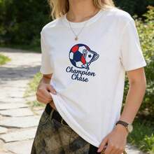 1 Graphic T-Shirt With The Champion Chase Football Trophy, Women's Short Sleeve T-Shirt, Plus Size S-5XL, Summer Top, 180g, 100% Cotton. - 黑色 - 查看 6
