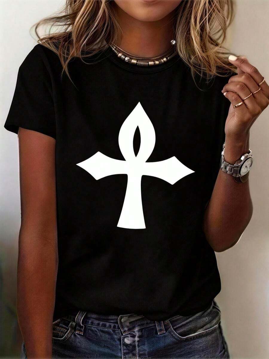 1 pieza de Playera corta 100% algodón, cuello redondo casual con estampado, dise?o diario y sin etiquetas, manga corta transpirable para uso diario - Negro - Ver 1