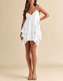 Women's Short Dress With Layered Ruffles, Thin Straps, V-Neck, Summer Fashion - 白色 - 查看 5