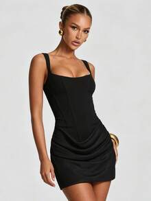 Ladies Minimalist Square Neck Stretch Bodycon Short Dress Evening Going Out Outfit - Black - View 1