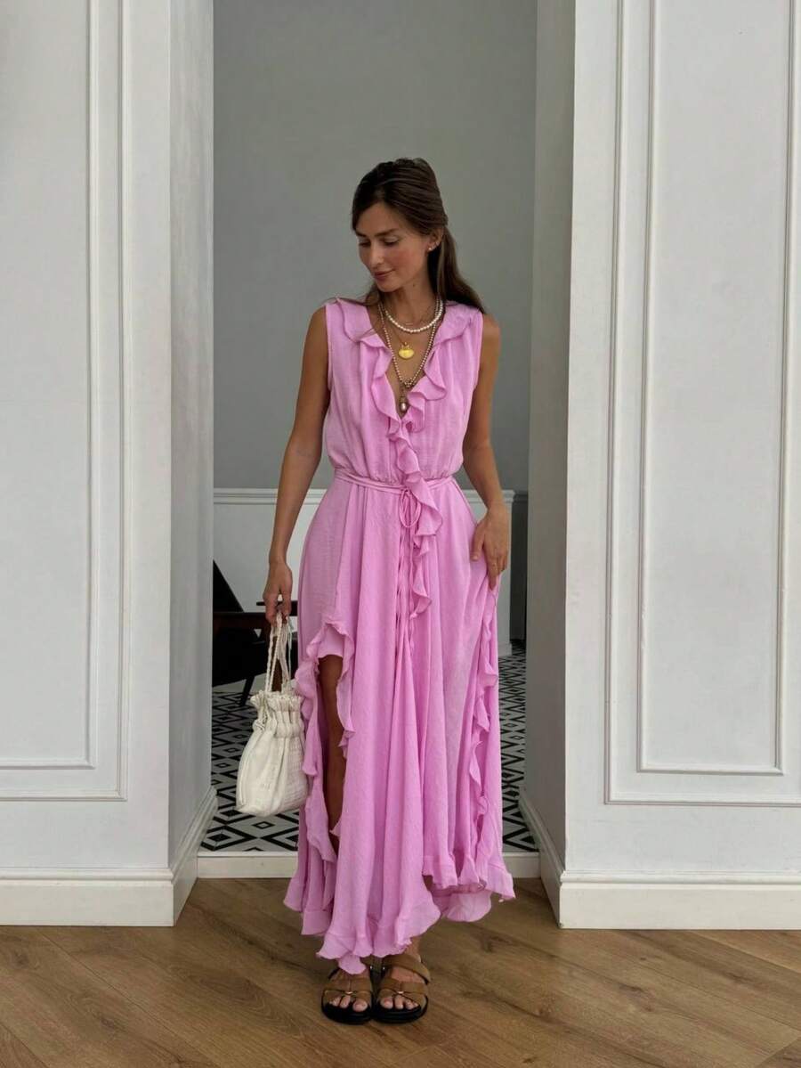 Sleeveless Bohemian-Style Maxi Dress With Deep V-Neck And Ruffles, Asymmetrical Hem, A-Line Cut. - Pink - View 1